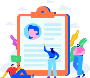 Colorful graphic of a giant clipboard holding a resume profile, surrounded by people reviewing and updating information—highlighting the streamlined process of IT Recruitment in Ghana.